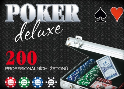 Vše potřebné pro uspořádání pokerového turnaje - 200 žetonů, 2 sady karet, 5 hracích kostek - Poker deluxe